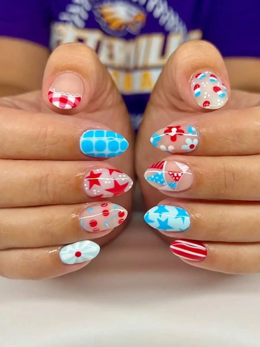 24pcs Red Blue Star Floral Doodle French Almond Nail Stickers With Gel Polish And File For Women