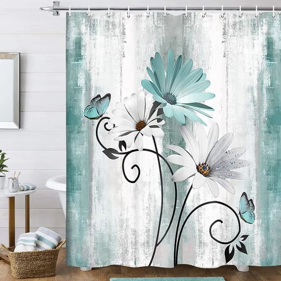 Tenda da doccia Rtic Farmhoe Farm Teal Daisy Fiori floreali e farfalle sul paese Tenda da doccia in legno per bagno Turchese
