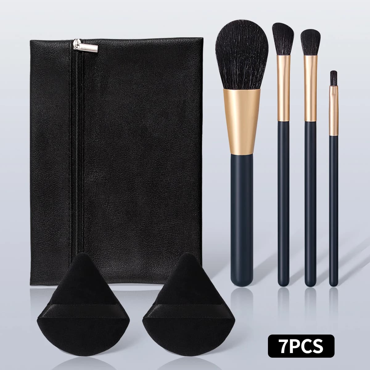 Kit of 7 brushes and sponges for make-up, black wooden handles, includes velvet sponges, ideal for everyday make-up and travel
