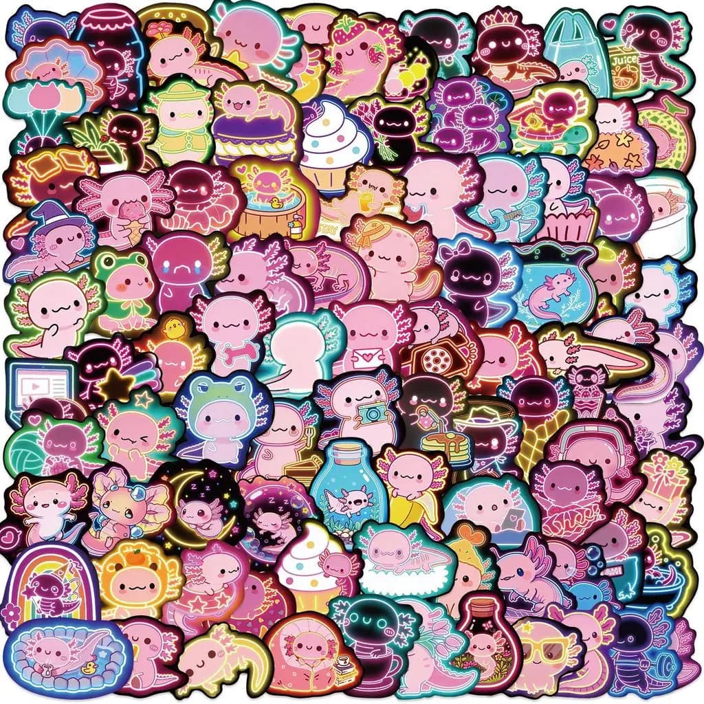 50/100 Pezzi Adesivi in PVC Neon con Simpatici Cartoni Animati di Axolotl, Impermeabili per Valigie, Bottiglie d'Acqua, Telefoni, Negozio RecordingYourLife