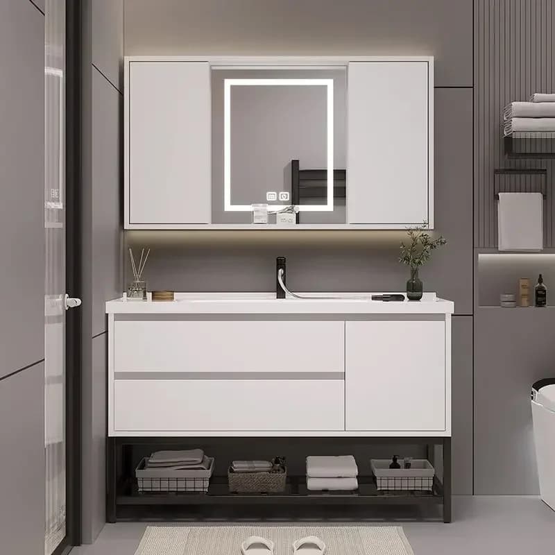 Armadietti da bagno di lusso con specchio, lavabo integrato in ceramica, mobiletto da pavimento con lavabo, mobili da bagno