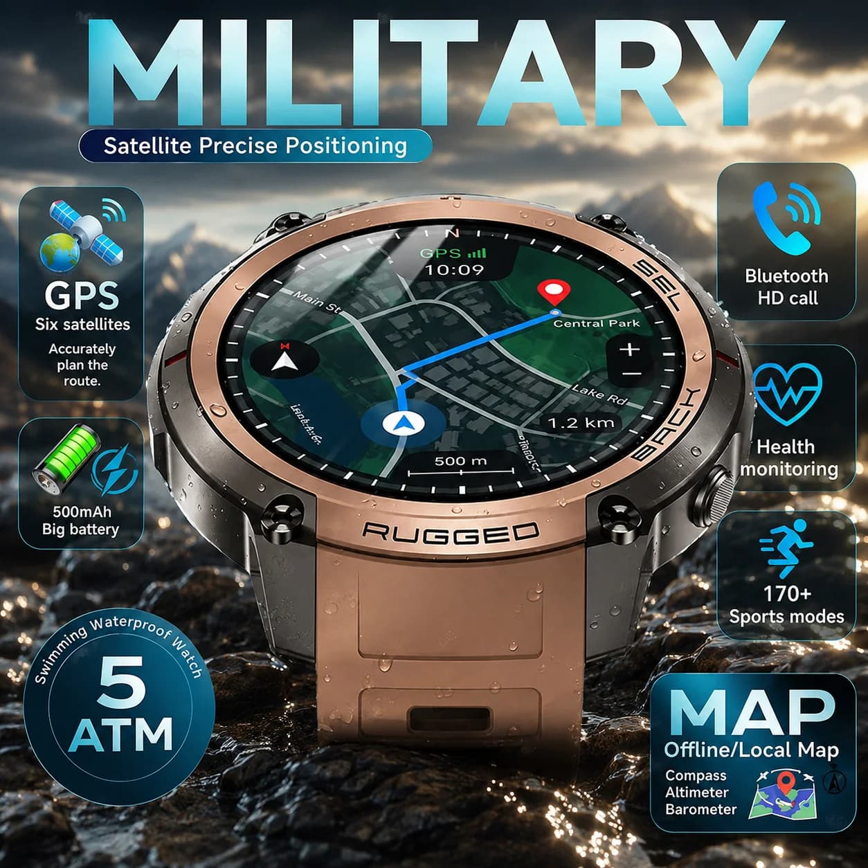2026 GPS Smart Watch Men Military Satellite Offline Map 1.43''AMOLED Bluetooth Call Compass 5ATM Waterproof 170+Sport Smartwatch