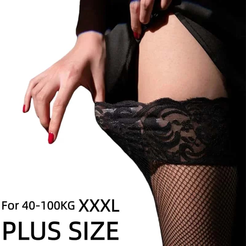 Sexy Fishnet Black Lace Non-slip Silicone fishnet Long Socks Female Oversized Women Thigh High Gothic Stockings Plus Size 5XXXXL