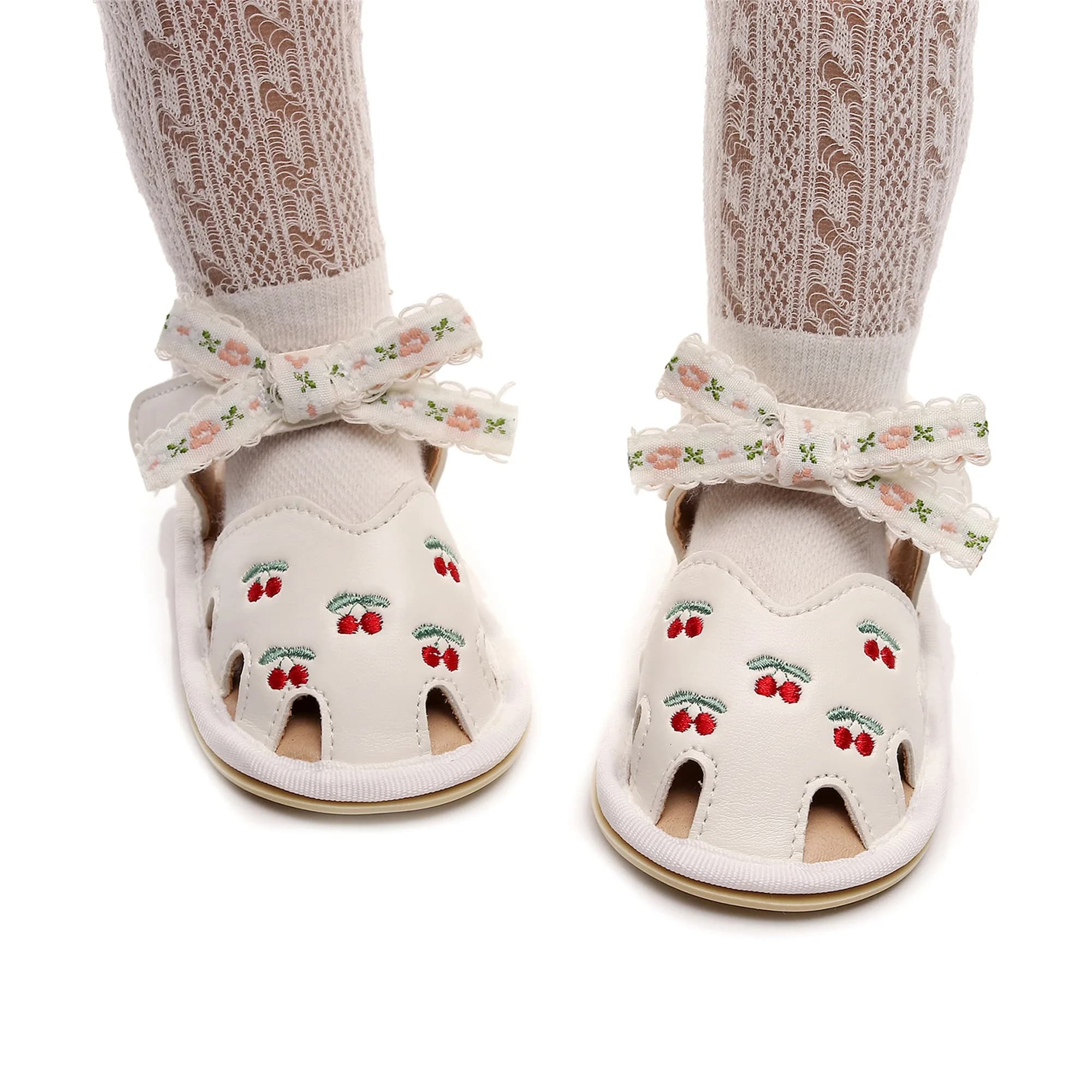 Elegant summer PU leather shoes with cherry bow for everyday wear