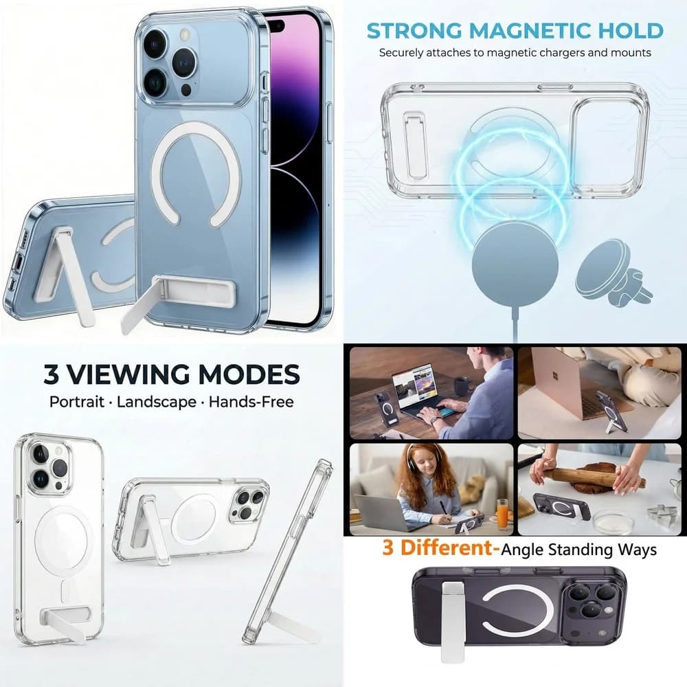 Hot Sale Magnetic Clear Phone Cover Foldable Kickstand Full Body Protection for iPhone 11 12 13 14 15 16 17 Pro Max Plus mini