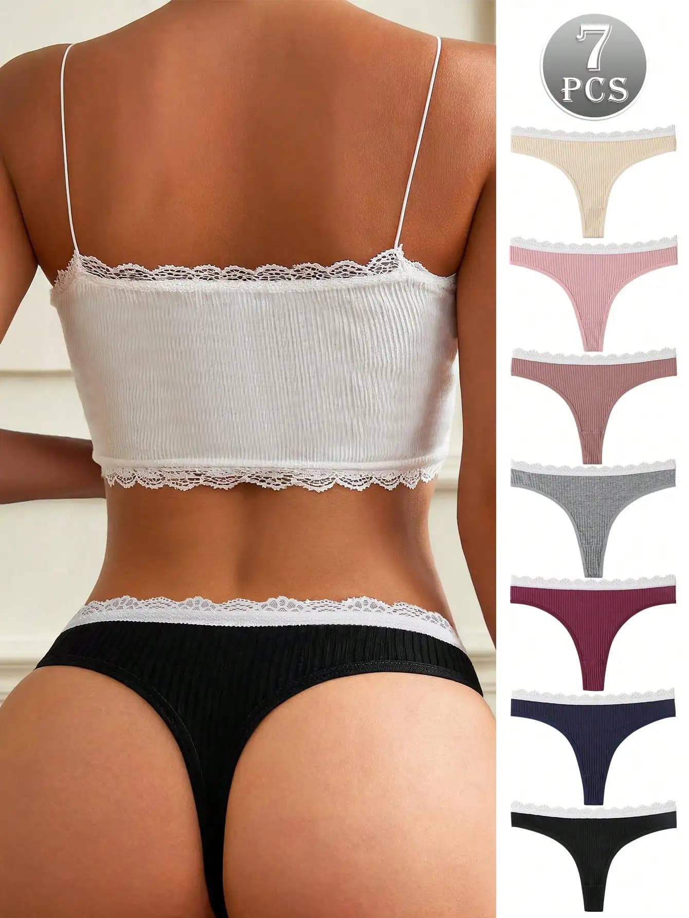 7Pcs Women's Sexy Thong Panties Low-Waist Briefs Lace Waistband Ribbed Soft Comfortable Panty Fashionable Suitable