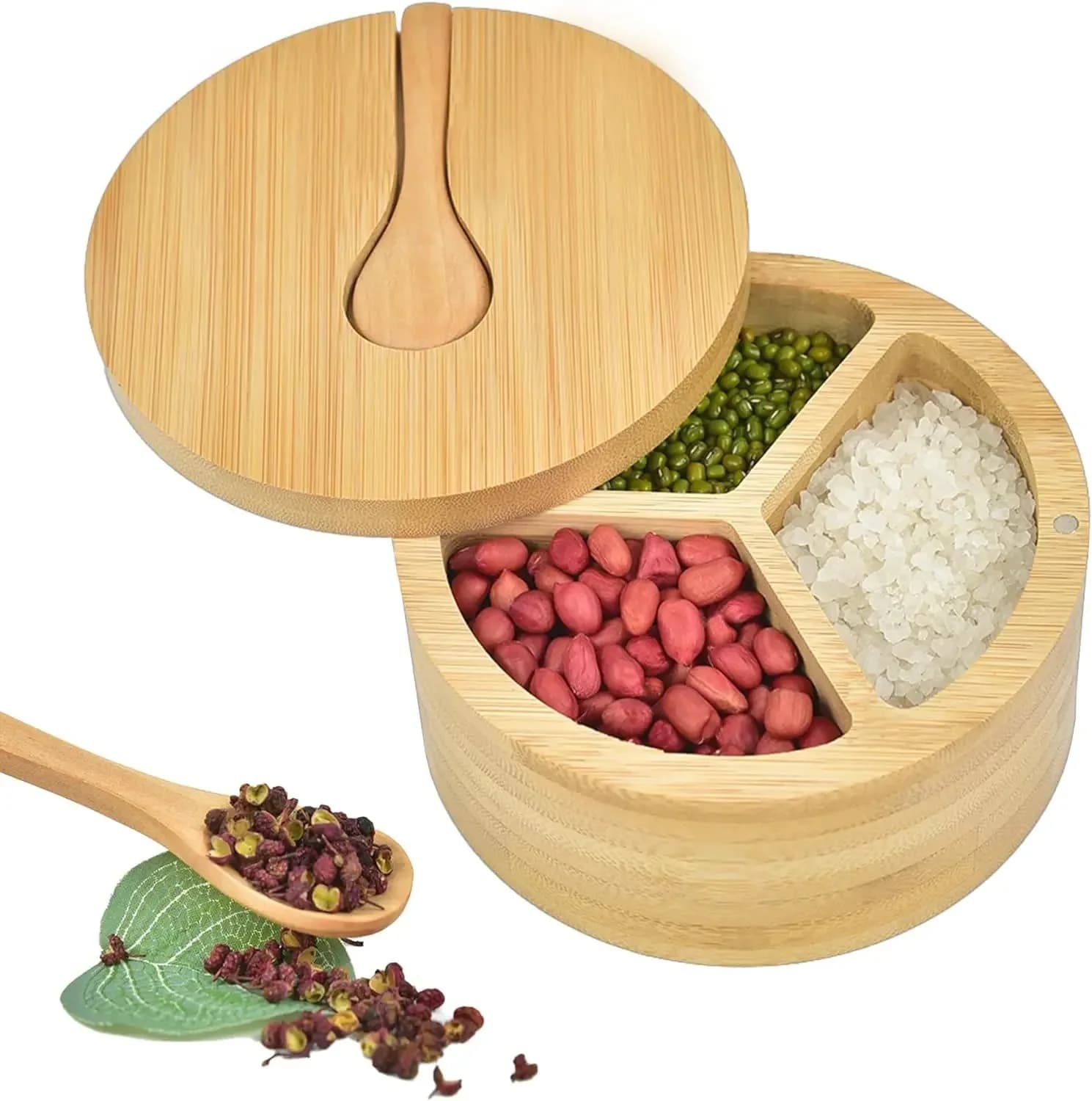 Natural Bamboo Salt & Pepper Condiment Set with Magnetic Lid Elegant Wooden Salt Pepper Jars Sugar Container Spice Storage Pot