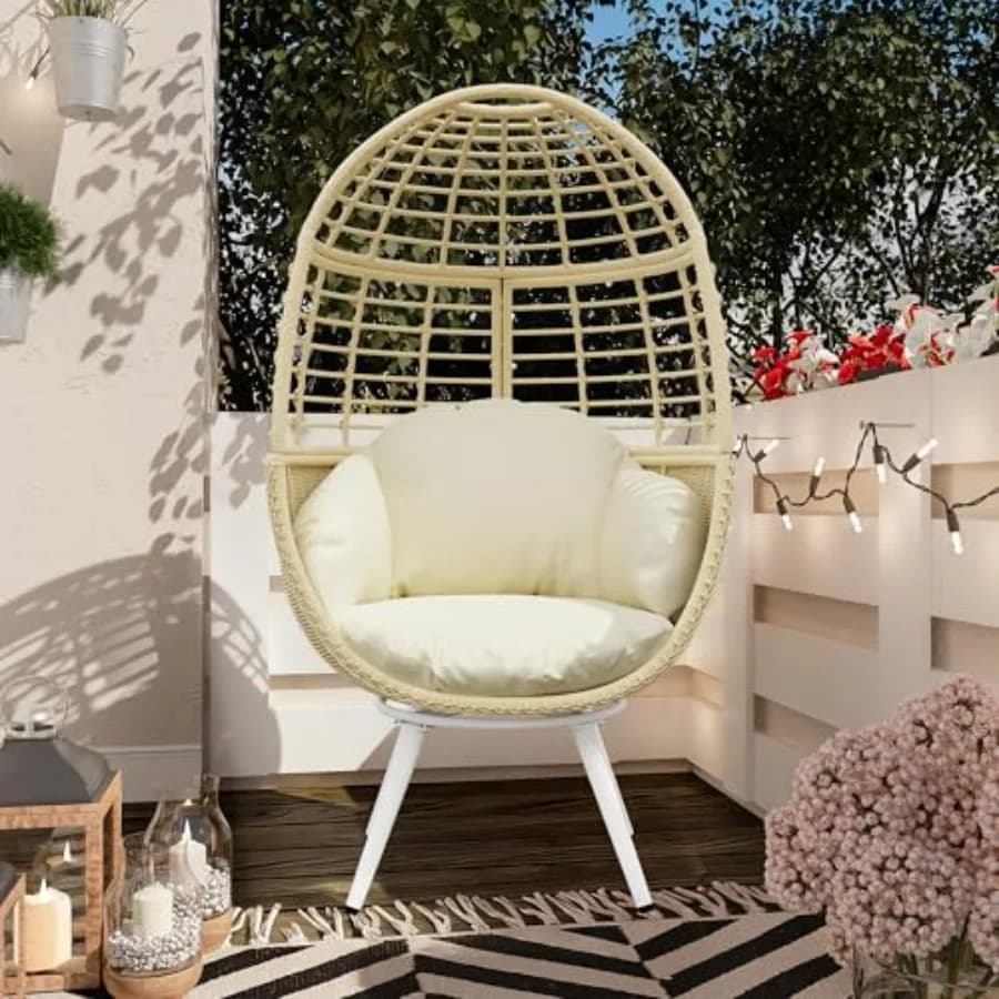 Sedia a dondolo Egg Chair beige per esterni - Sedia a dondolo in vimini di rattan con struttura in metallo e cuscino resistente ai raggi UV per interni, camera da letto, balcone