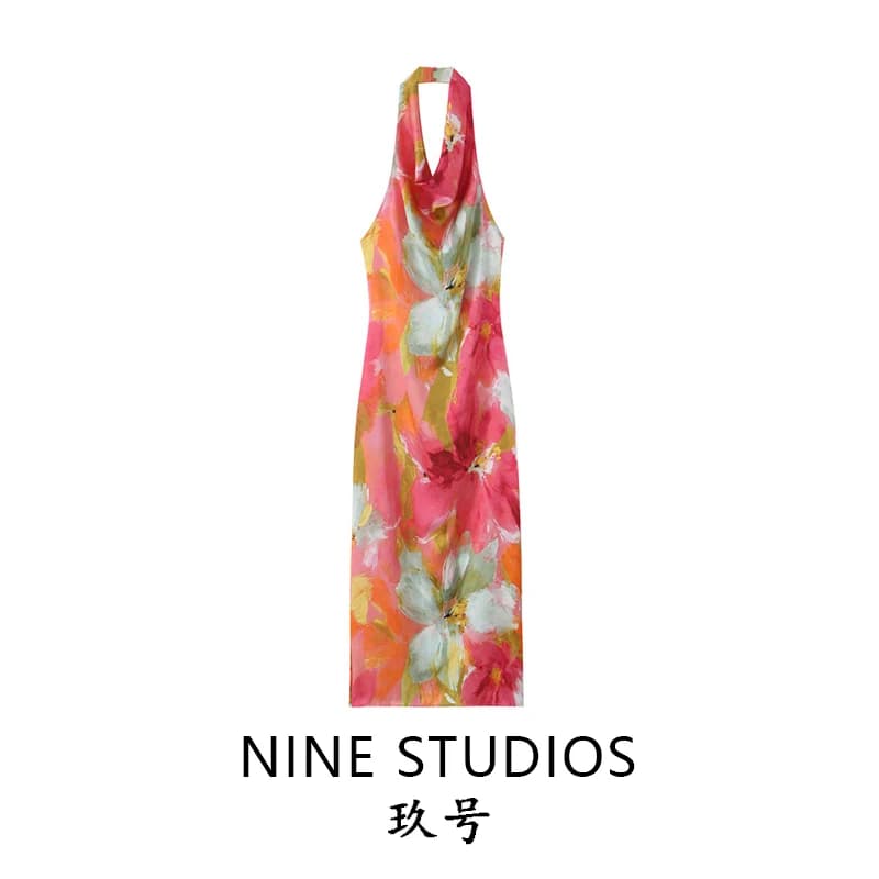 Fashionable Printed Midi Dress Sexy Backless Hanging Neck Collar Dress Quality Material Women's Clothing Nine Zar
