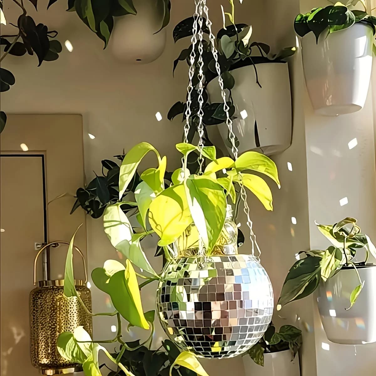 Disco Mirror Ball Hanging Flower Planter Basket Succulent Plant Pot Indoor Home Garden Wall Decor Vase With Wood Ring Chain