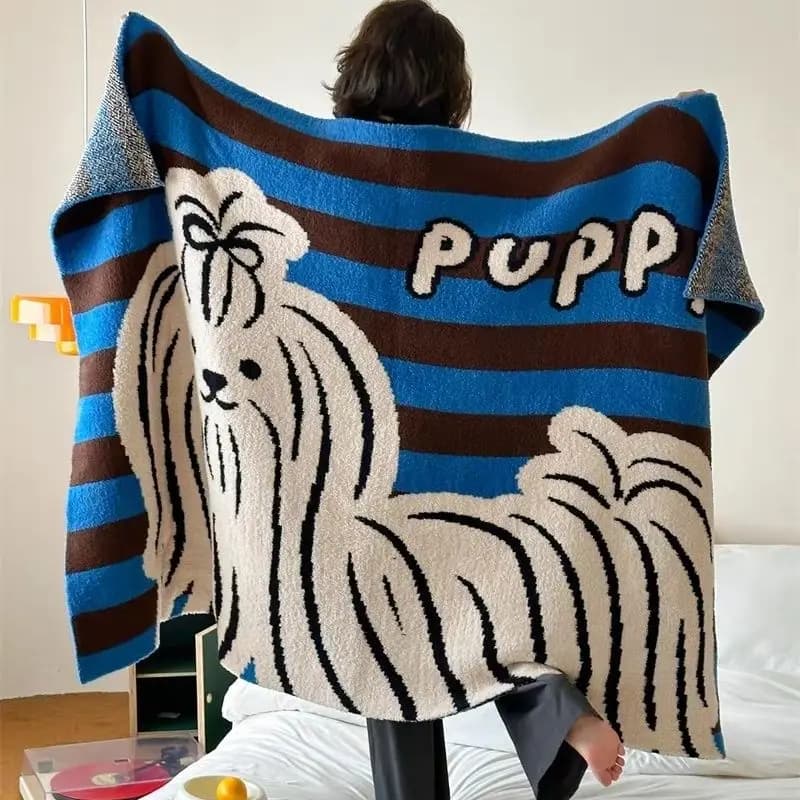Coperta per divano in mezza flanella per cani di piccola taglia a righe blu e marroni Coperta per aria condizionata per pisolino da ufficio