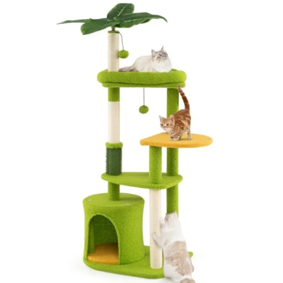 Palm Cute Cat Tree, 48 Inch Tall with Sisal Scratching Posts, Condo, Dangling Ball, and Self Groomer, Ideal for Indoor Small an