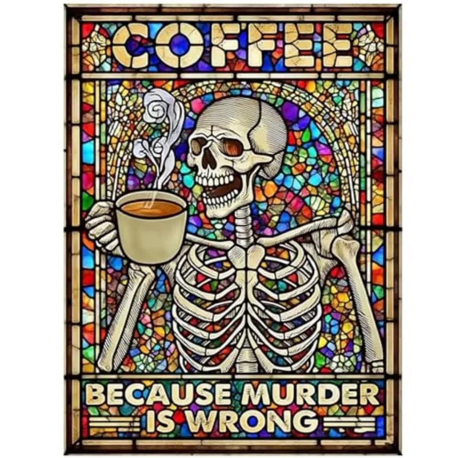 Skeleton Diamond Painting Kits for Adults Stained Glass with Coffee - 12x16 Inch Macabre Humor Art, Full Drill DIY Gothic Home