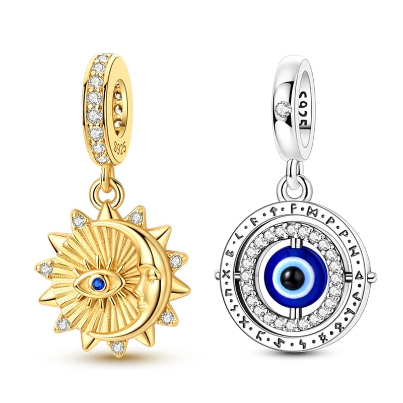 Original 925 Sterling Silver Charms Rotatable Blue Eye Golden Sun Moon Pendant Fit Original Bracelet For Women DIY Jewelry Gift