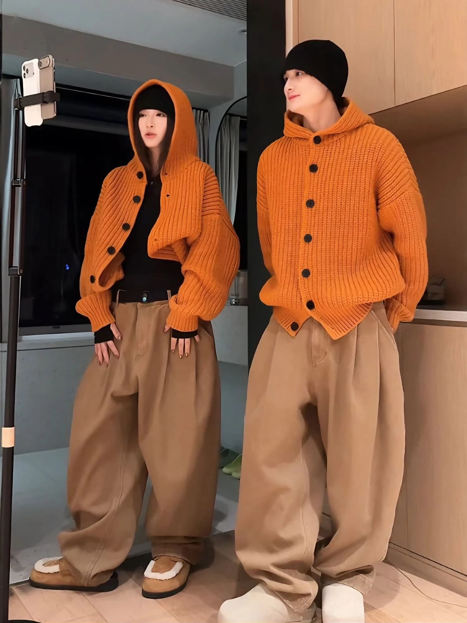 Retro Lazy Orange Knitted Sweater Men's Winter Spring Button up Hoodie American Style Thick Needle Cardigan Coat Casual Wear