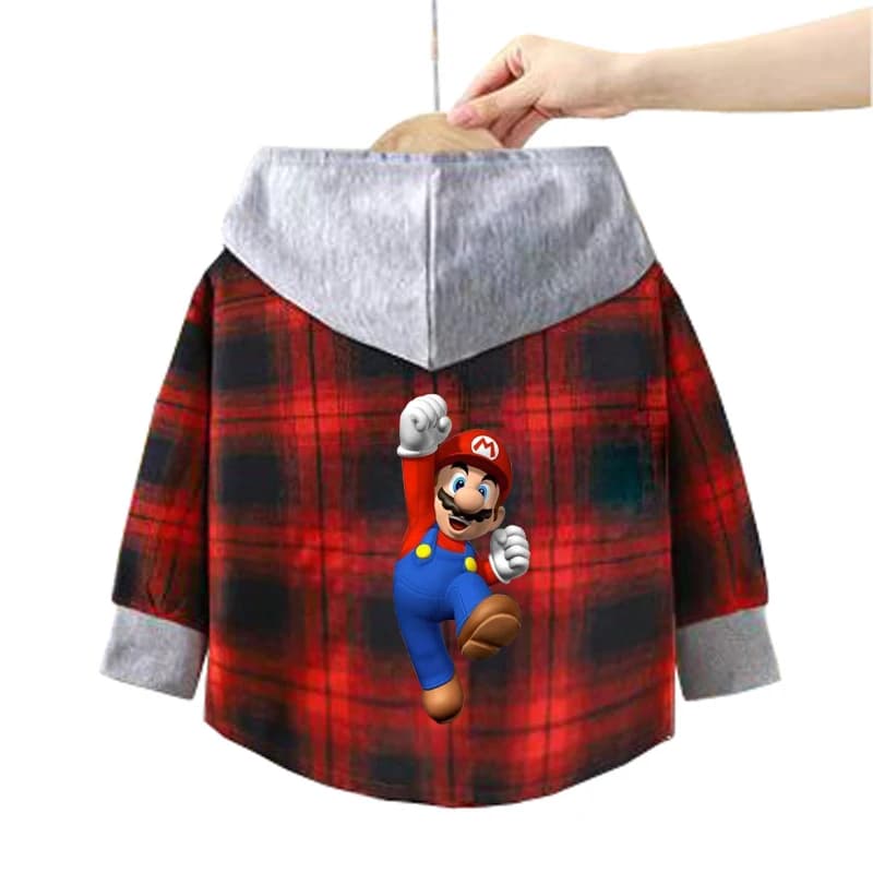 Camicetta per bambini 2026 Bambini Super Mario Camicie con cappuccio Ragazzi Cotone a maniche lunghe Abbigliamento Casual Top Camicie a quadri per ragazze 2-12 anni