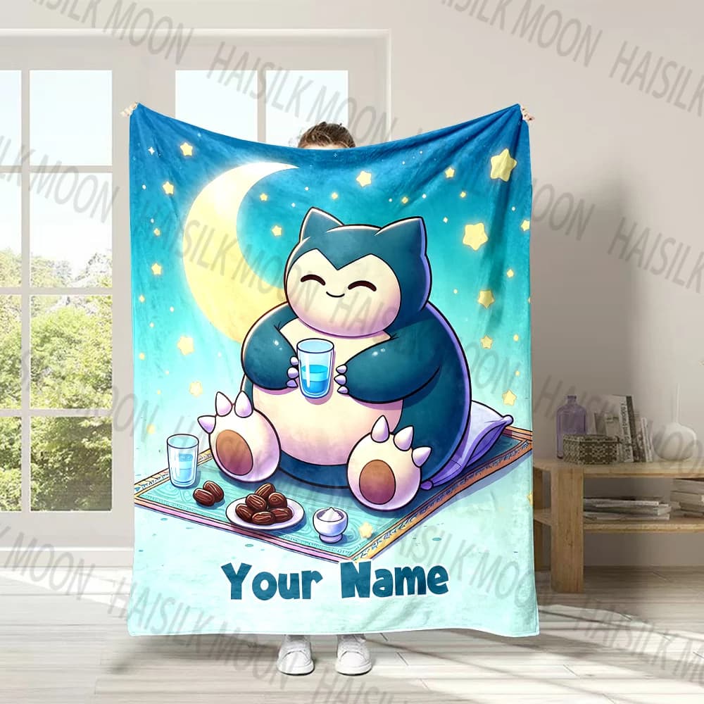Coperta Personalizzata con Nome, Stampa Pokemon Snorlax, per Divano, Letto, Viaggio, Campeggio, Auto, Ufficio, Regalo di Lusso