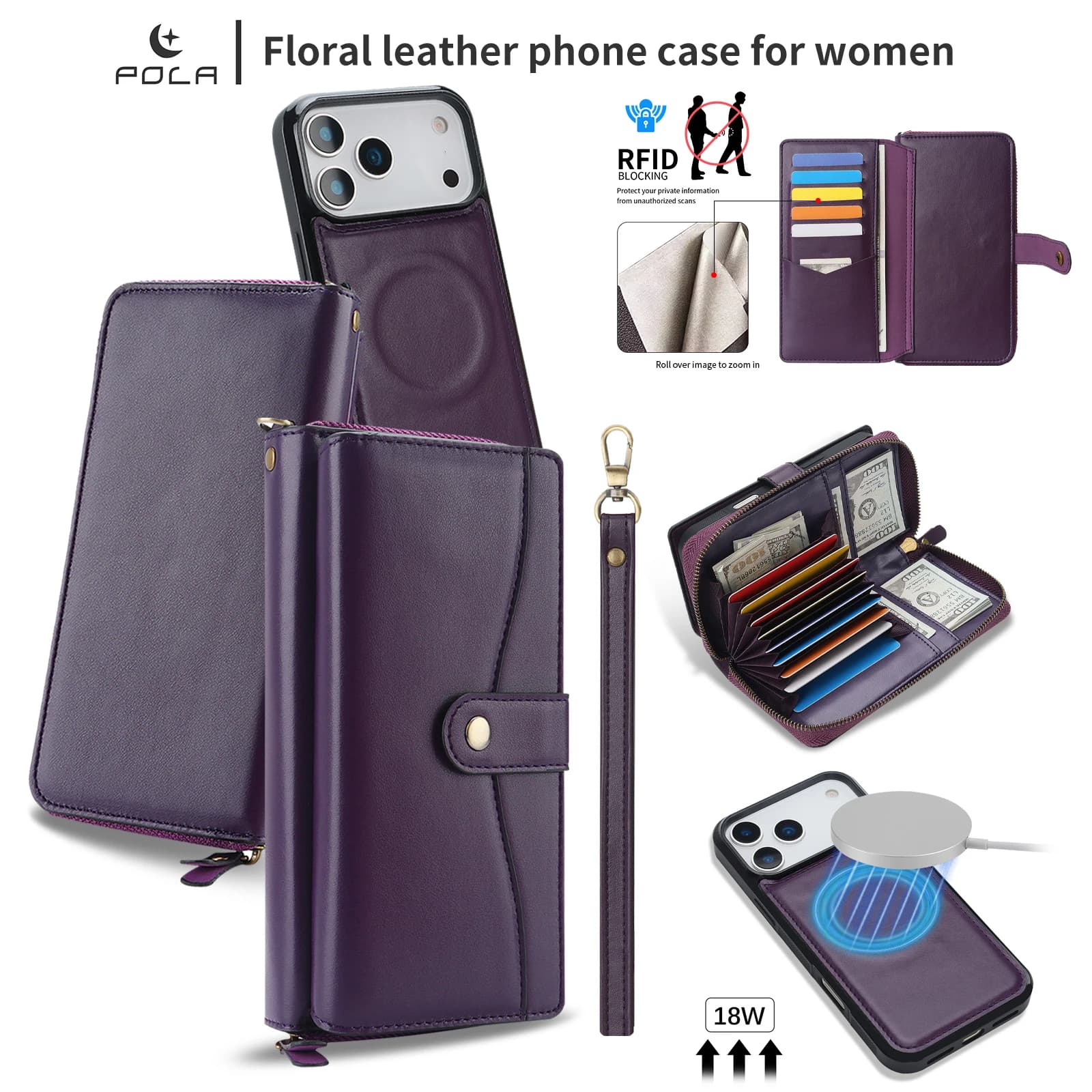 Multi-Functional Magnetic Wireless Charging Phone Case for iPhone 16/15/14/13/17 pro Max - Zipper Wallet Protective Cover