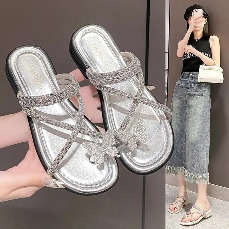 Summer Flat Bottom Diamond Embellished Slippers Fairy Tale Style Outdoor Wearable Slip-On Beautiful with Skirts Rubber Sole