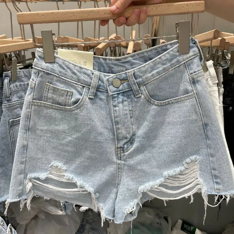 New Women's Denim Shorts with Grezzi Edges, Large Pattern in Trapezio, Straps, High Waist, Hot Pants