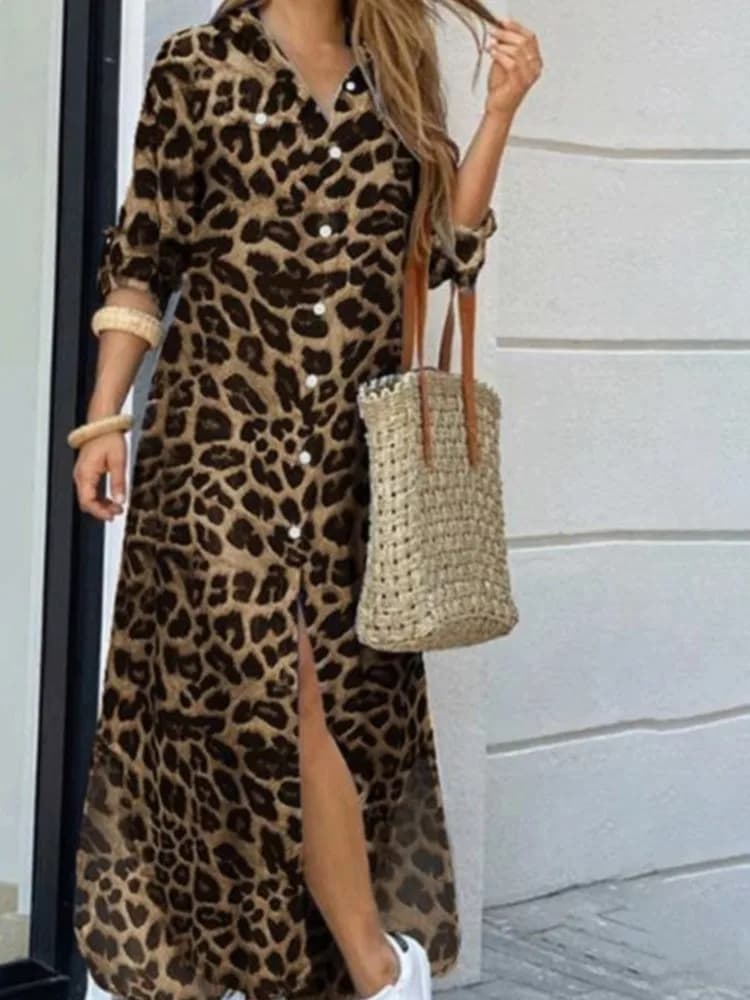 Women's Fashion Printed Dress Women's Casual Long Sleeved Dresses With Buttons Robe Femme Holiday Streetwear Women's Clothing Spring