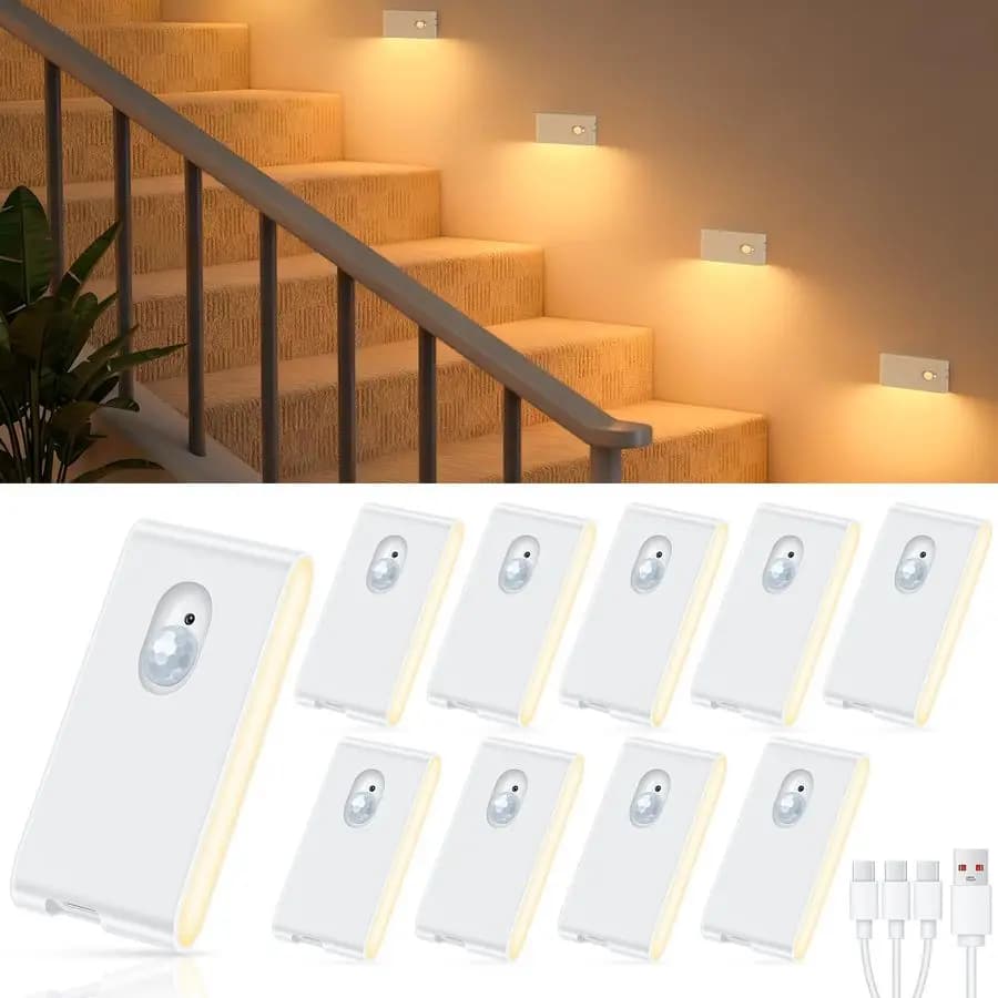 Luce notturna ricaricabile, luci per scale a luce bianca calda per interni, luce notturna con sensore di movimento wireless, luci adesive per scale, corridoio