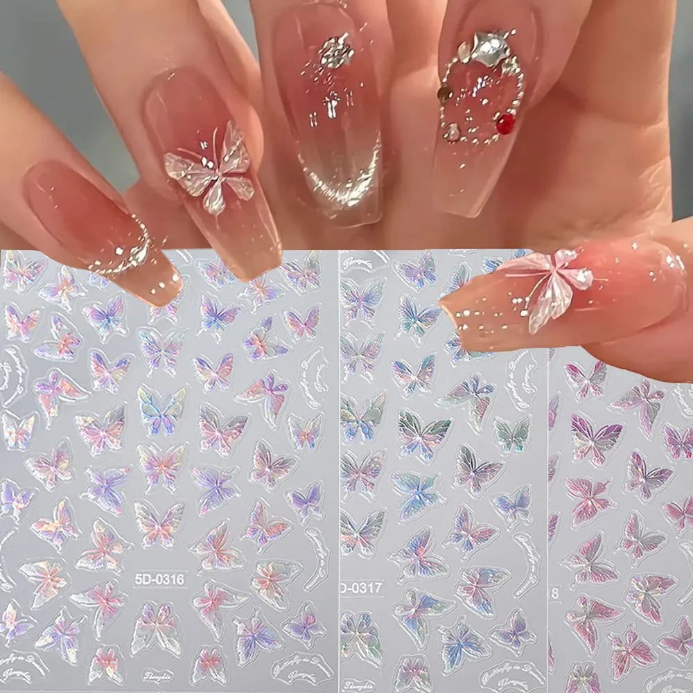 1 pz Fata Conchiglia Farfalla Rosa Adesivi Per Unghie 5D In Rilievo Aurora Farfalle Unghie artistiche Decalcomanie Autoadesive Manicure Pendenti E Ciondoli 0317