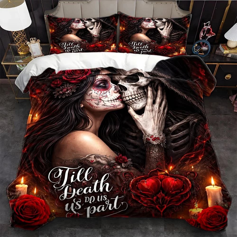 3Pc Skull Rose "Forever and Ever After" Themed Duvet Cover Set, Three-Piece Bedding Set (1*Duvet Cover + 2*Pillowcases), Suitable for All Seasons, Machine Washable, with Invisible Zipper, Large Double Bed Cover, Suitable for Home, Dormitory, Master Bedroom, Guest Room, Dark Romantic Style Bedding Set, Personalized Artistic Print Bedding Set, Hot-Selling Bedroom Decoration Bedding with 2D Flat Print