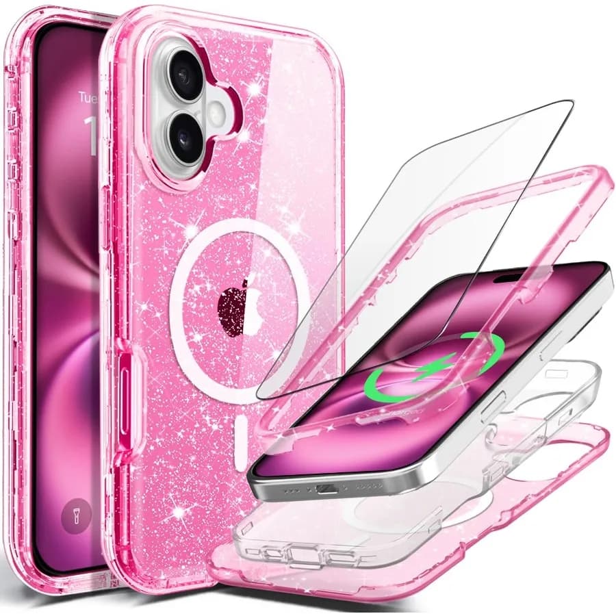 Custodia protettiva antiurto robusta e resistente a 3 strati ibrida con glitter rosa trasparente per iPhone 16 Plus con MagSafe Co