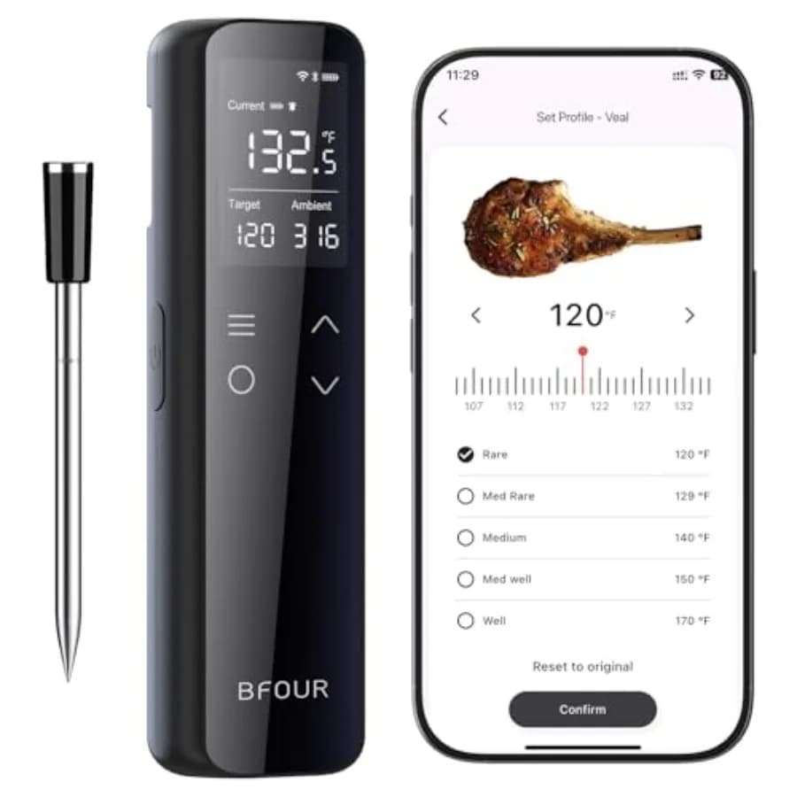 Wireless Bluetooth Carne Thermometer with Digital Autonomous Base, unlimited WiFi, 6 Precision Sensors, IP67 Waterproof
