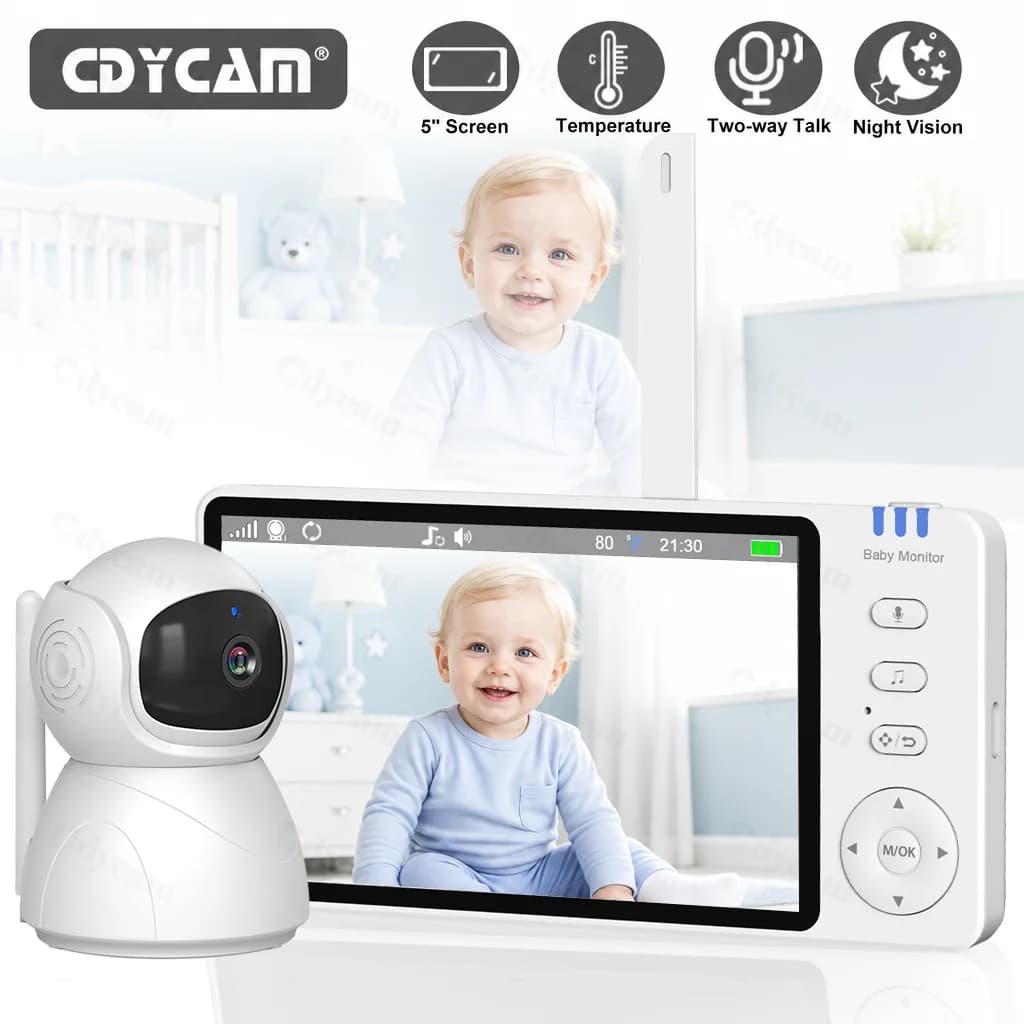 Baby Monitor 5.0'' con Telecamera Pan-Tilt, Zoom 4X, Audio Bidirezionale, Visione Notturna, VOX, Temperatura, 8 Ninne Nanne, Videocamera per Bambini Senza WiFi