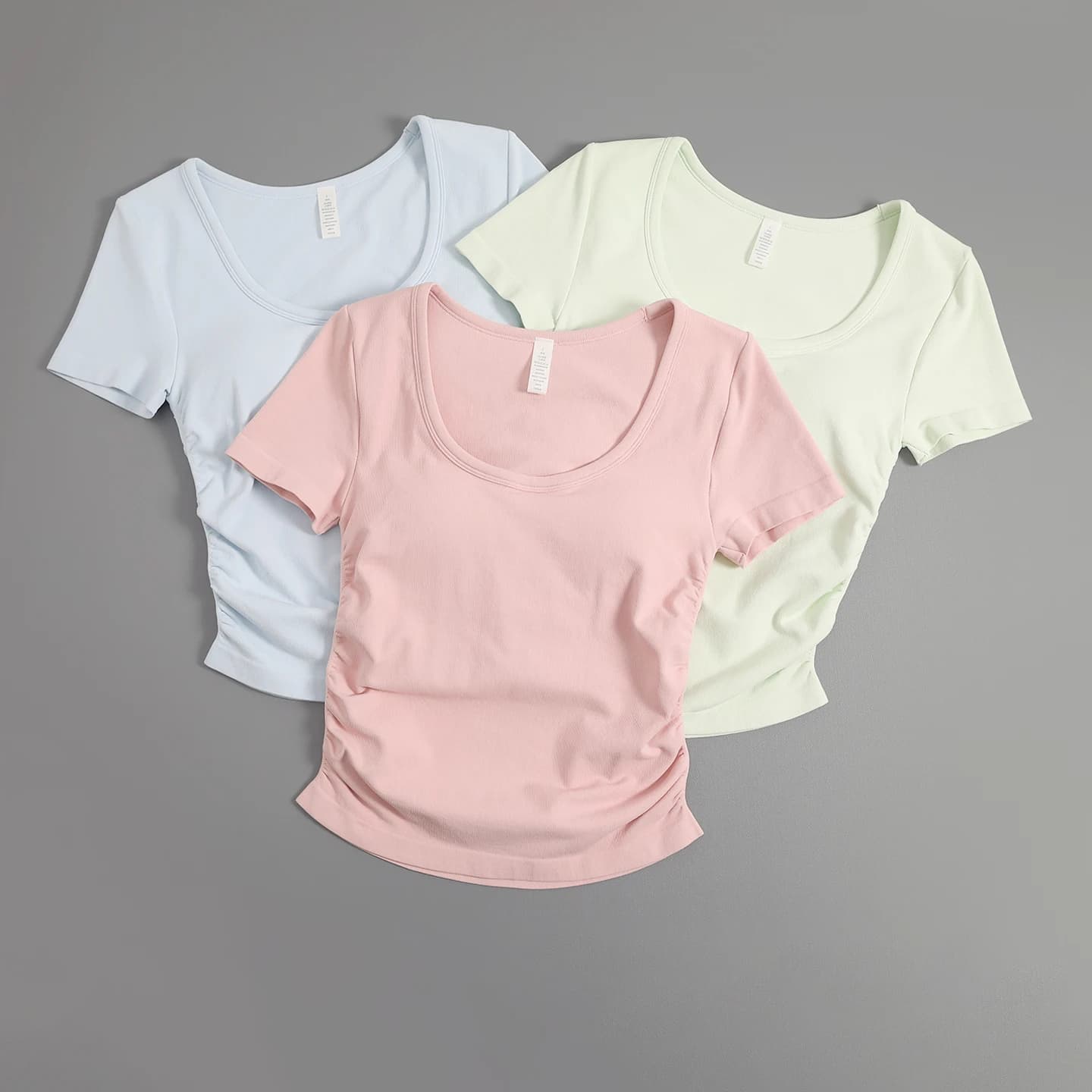 Soft Stretchy Women Workout T‑Shirt U Neck Short Sleeve Side Ruched Slim Fit Gym Fitness Daily Casual Cropped Yoga Tops