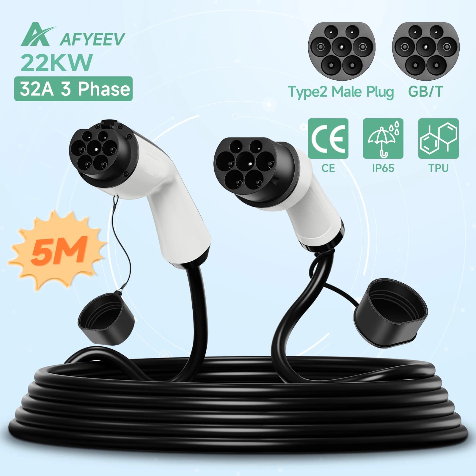 AFYEEV 22KW EV GB/T charging cable Female auto side to type2 IEC 62196 Spina male charging station EVSE Type2 to GB/T 16A 3 phases