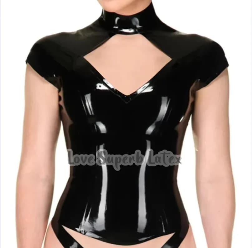 Women's Short Sleeved Shirt Sexy Black Latex Rubber Top Customize with Halloween Rear Hinge