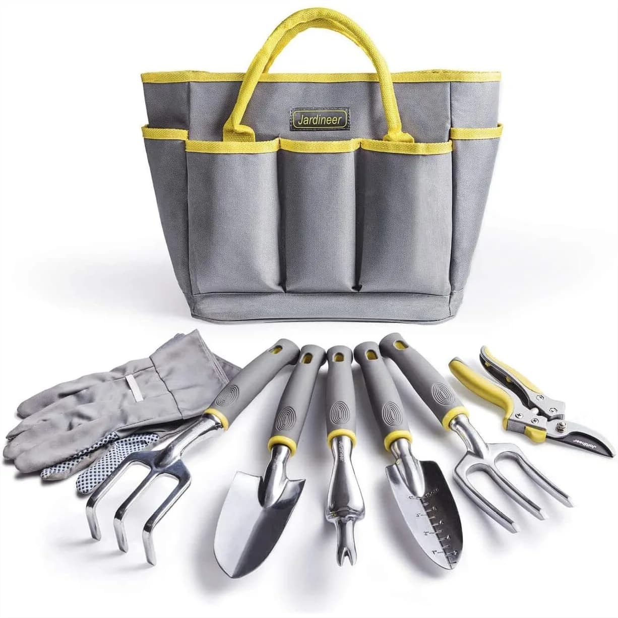 Set di 8 Attrezzi da Giardinaggio, Kit Resistente in Alluminio con Cesoie, Guanti e Borsa Portaoggetti per Donne e Uomini