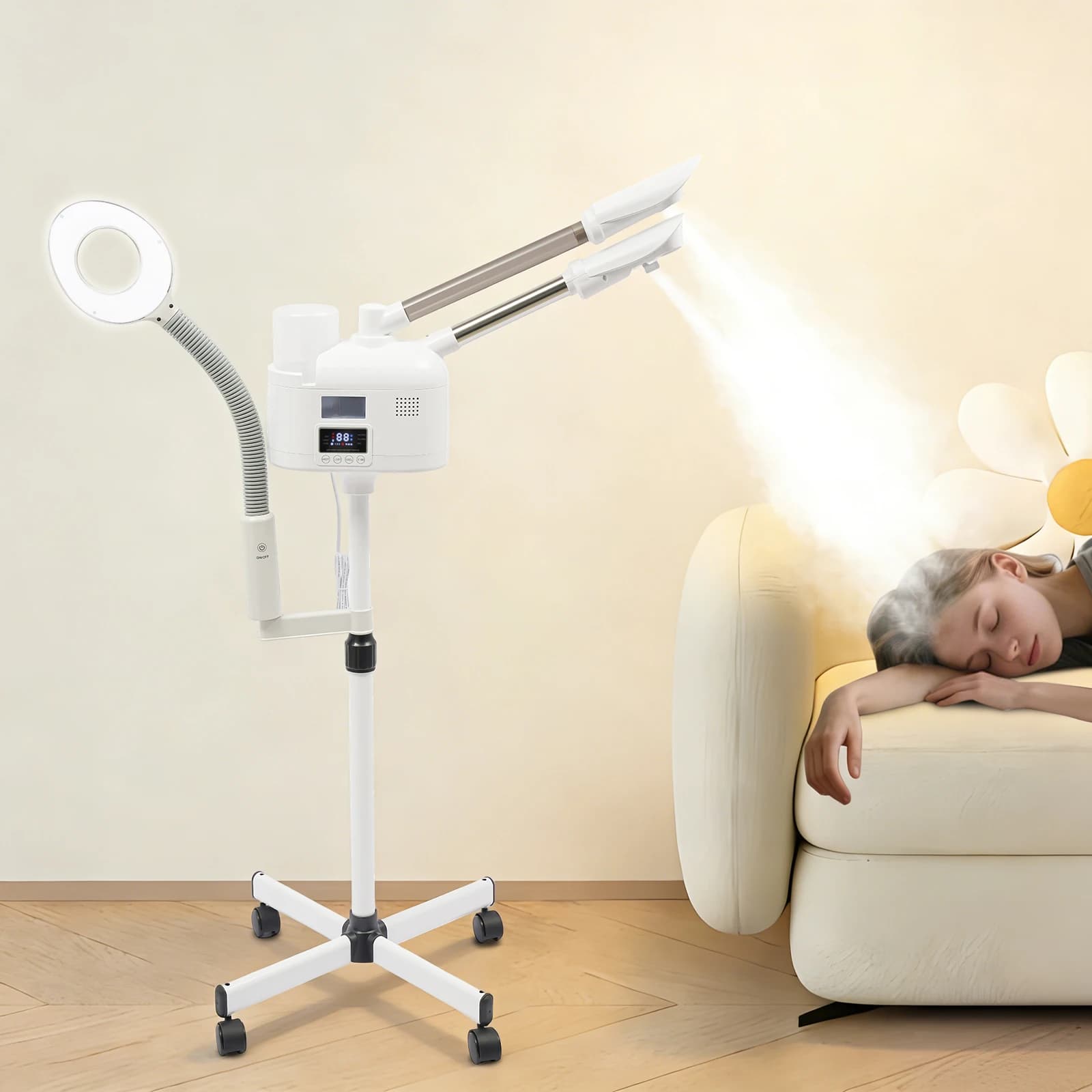 Vaporizzatore Facciale Professionale 3-in-1 a Doppia Testa da 750W con Luce LED e Lente d'Ingrandimento, Spruzzatore di Vapore Caldo e Freddo Nano da 1L per Casa e Salone