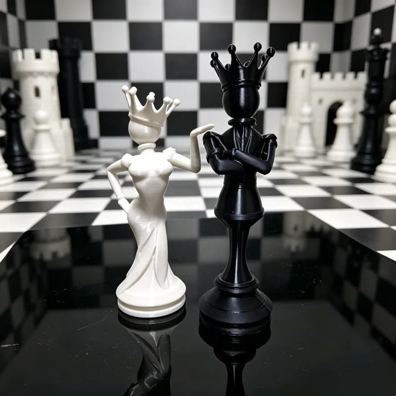2pcs/set Chess King and Queen Figurine Set, featuring a white queen and a male king. These black-and-white chess couple figurine