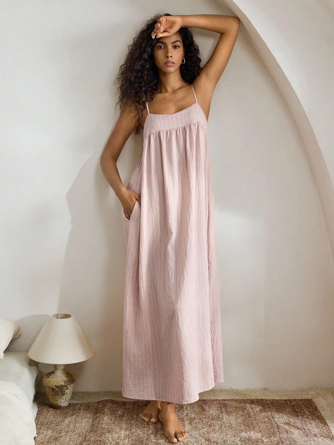 Camicia da Notte in Morbido Lino a Righe per Donna, Abito Loungewear