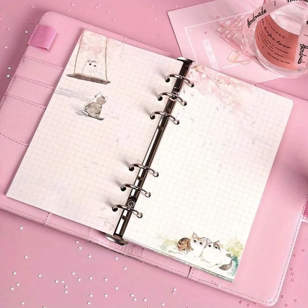 80 Fogli A6 di Carta Sostitutiva per Quaderno con Design Kawaii Gatto e Sakura, Pagine a Righe, Quadrettate e Bianche per Planner e Raccoglitori