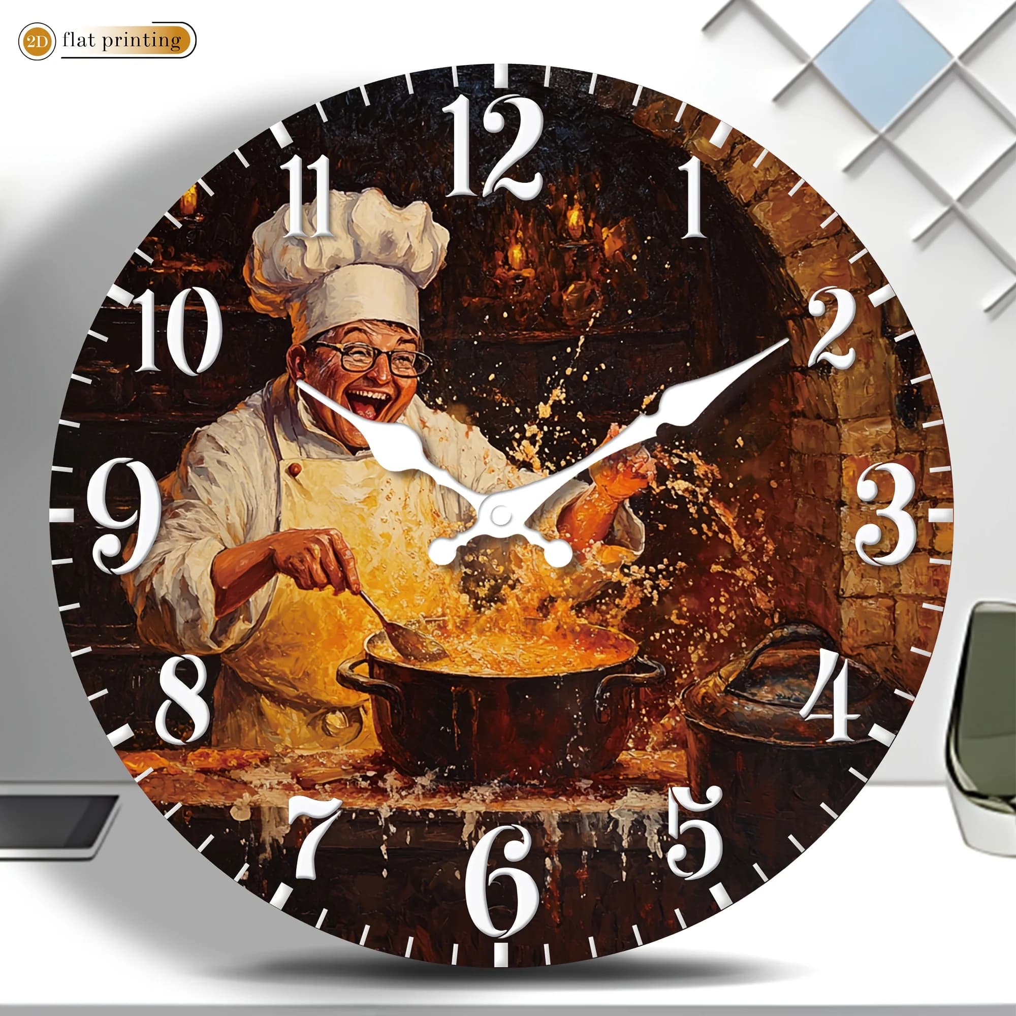 Chef's culinary-themed wall clock, wooden home silent wall clock - 2D flat print, suitable for decorating restaurants, kitchens and cafes, Easter, Ramadan, Valentine's Day gifts (excluding AA batteries)