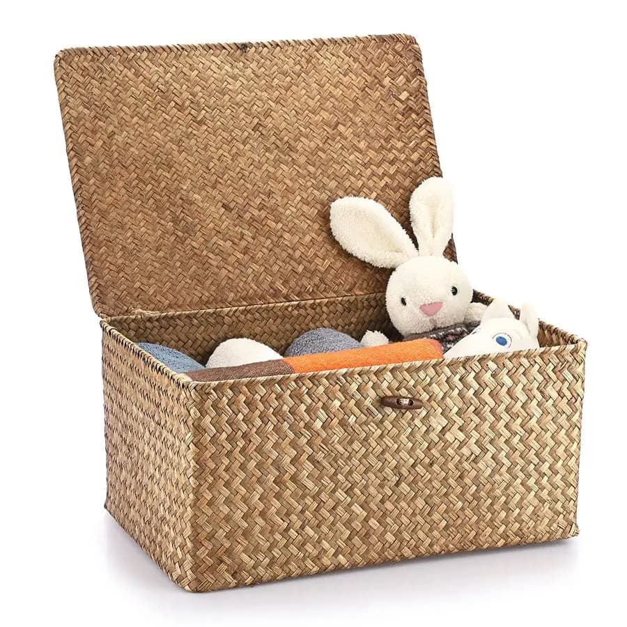 Storage baskets in wicker with lid, hand woven sea grass rectangular containers for shelves and cabinets