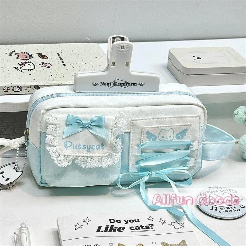Portable Bow Lace Design Pencil Case Large Capacity Multi-Layer Pen Bag Polka Dot Handheld Stationery Organizer School Supplies