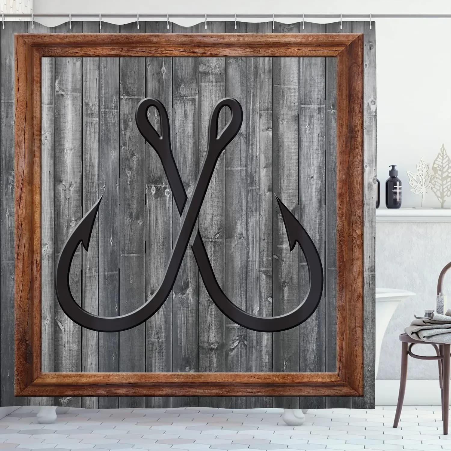 Tenda da doccia nautica Esche da pesca Anchor Pittura astratta moderna Cornice in legno Tessuto rustico Set di decorazioni per il bagno con ganci