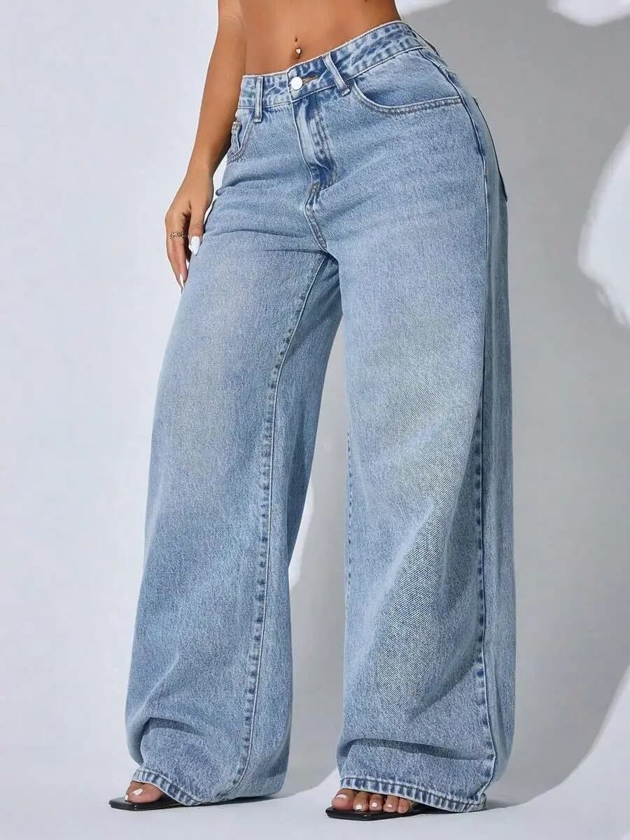 Jeans in denim blu casual a vita bassa e gamba larga con tasche oblique da donna