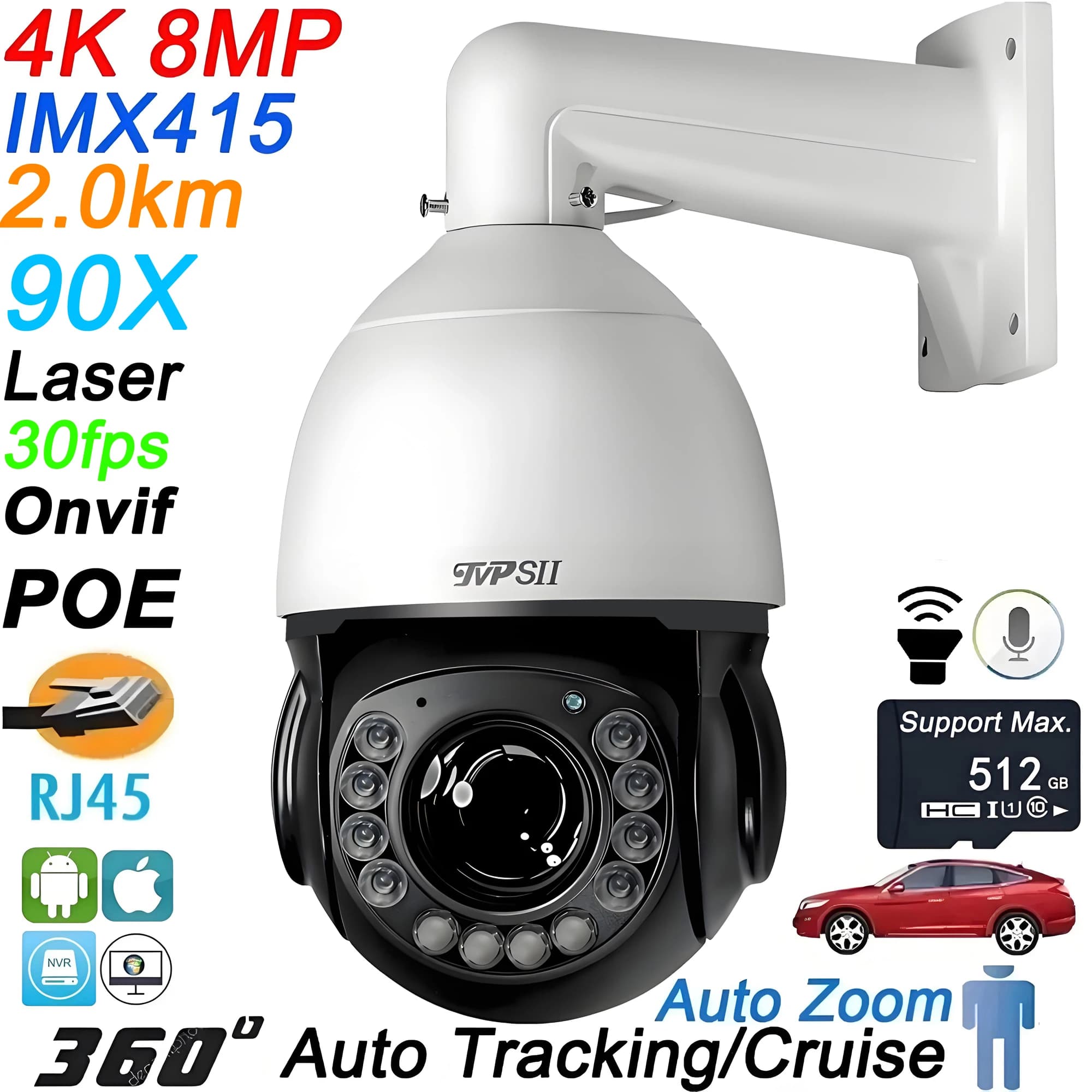 Tracciamento automatico del metallo a infrarossi laser Crociera 8MP 4K 90X Zoom ottico 360 ° Telecamera IP di sorveglianza Speed Dome audio ONVIF POE PTZ