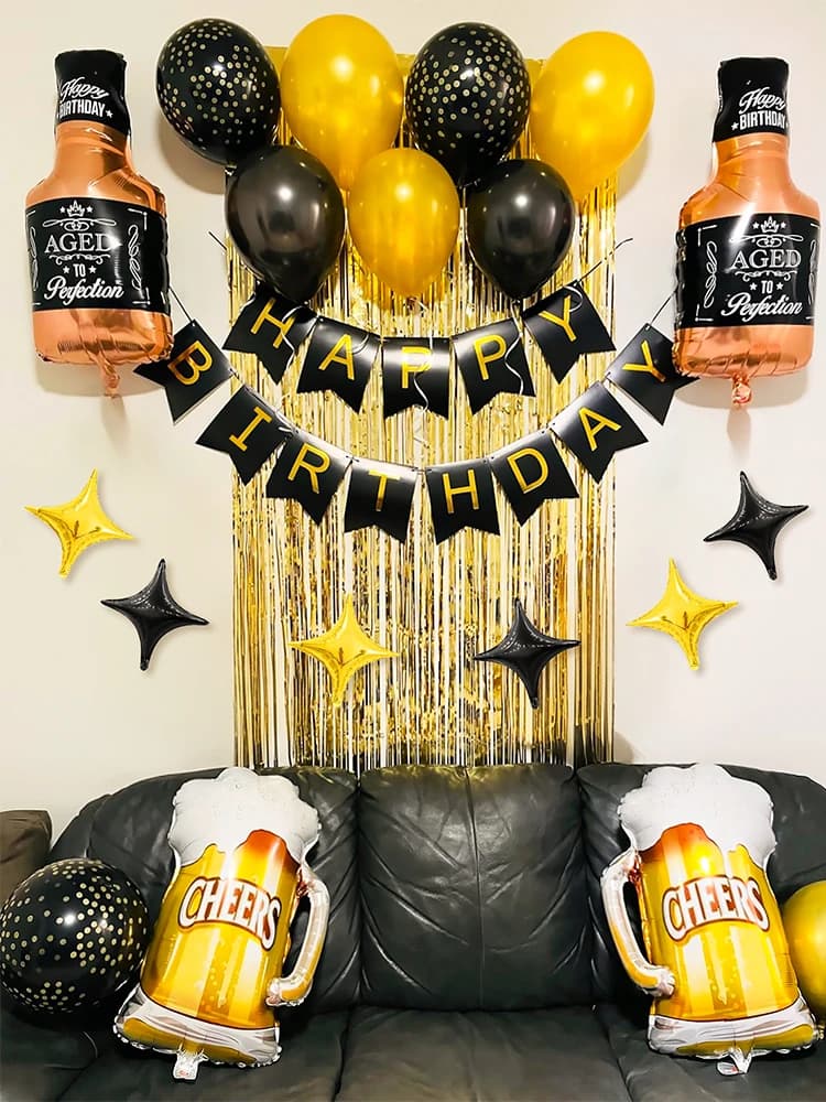 Set da 23 Pezzi: Striscione Nero 'Buon Compleanno', Bicchieri per Whisky e Birra, Palloncini in Alluminio per Decorazioni Festa di Compleanno per Adulti