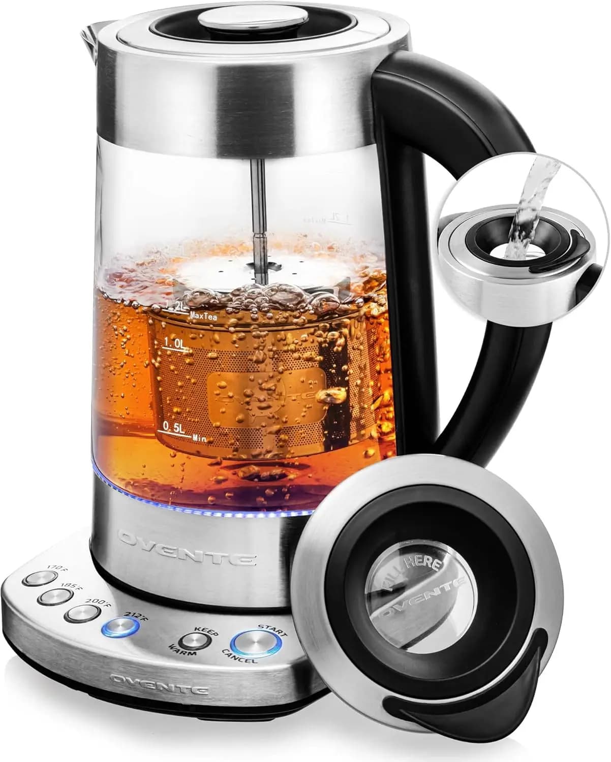 Bollitore elettrico da 1,7 litri con infusore rimovibile, controllo della temperatura variabile, mantenimento in caldo, bollitura rapida 1500W, vetro senza BPA
