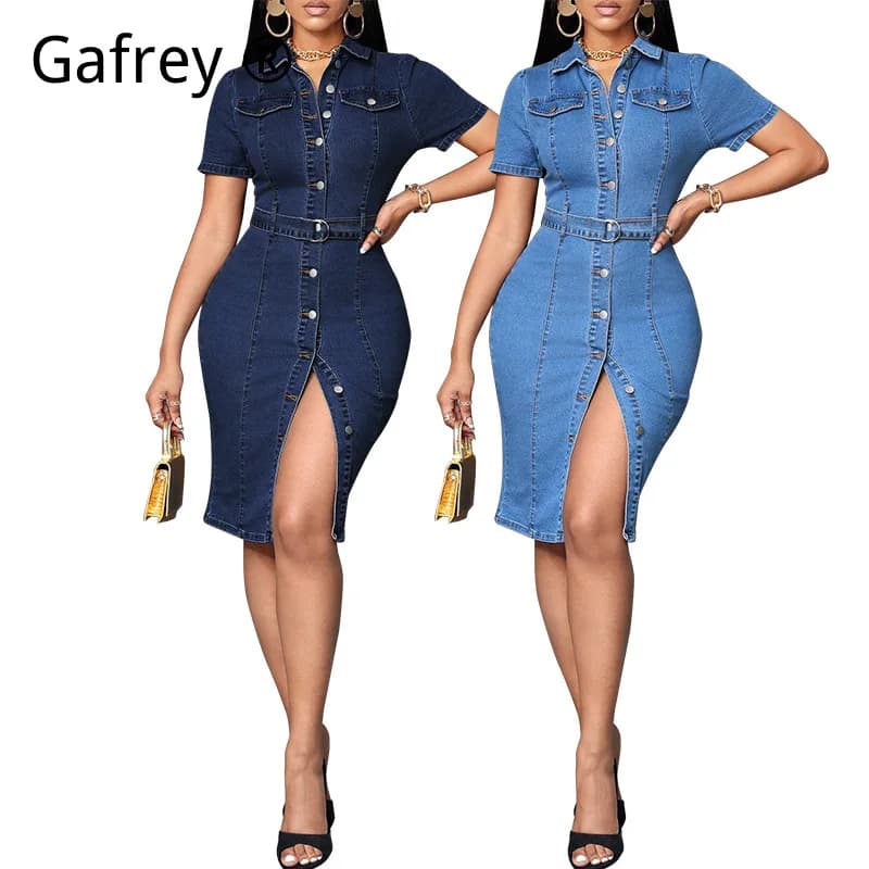 Women's Denim Dress, Elasticized, Fitted, With Bottoni, Elegant Vintage Style, Casual, Long Dress in Jeans, Fashion Streetwear