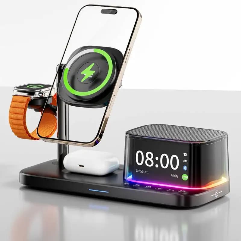 Qi2 25W 5 in 1 Magnetic Wireless Charger Stand with Speaker Fast Charging for Iphone 17 16 15 Pro Max Airpods Pro iWatch