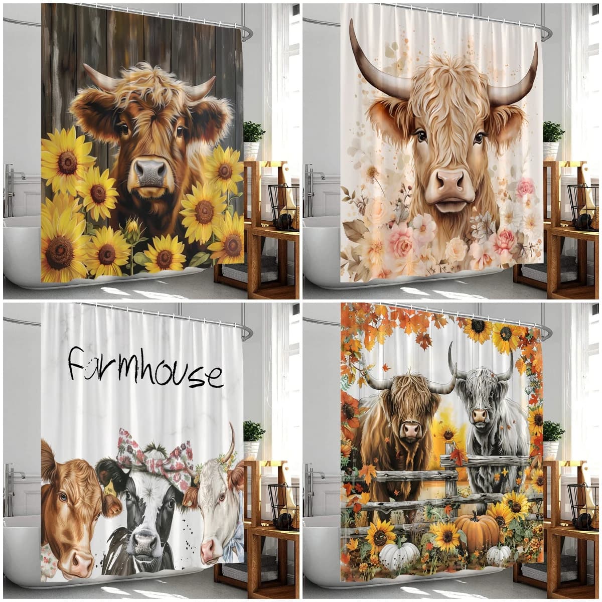 Tenda da doccia Highland Cow Farmhouse, decorazione rustica per bagno, con bovini, girasoli, fiori e zucca, autunnale, in poliestere